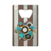 Steampunk時計とターコイズバラオンストライプの クレジットカード栓抜き (正面)