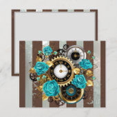 Steampunk時計とターコイズバラオンストライプの サンキューカード (正面/裏面)