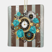 Steampunk時計とターコイズバラオンストライプの セラミックオーナメント (左)