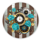 Steampunk時計とターコイズバラオンストライプの セラミックノブ (正面)