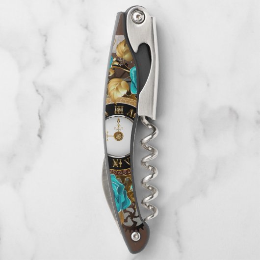 Steampunk時計とターコイズバラオンストライプの ソムリエナイフ (裏面)