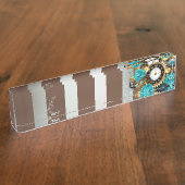 Steampunk時計とターコイズバラオンストライプの デスクネームプレート (側面)