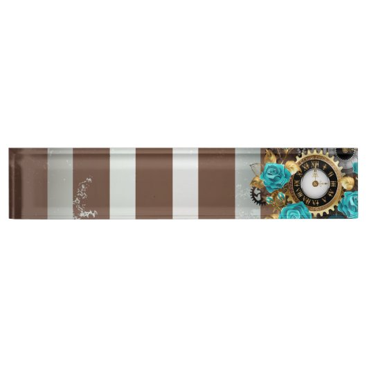 Steampunk時計とターコイズバラオンストライプの デスクネームプレート (正面)