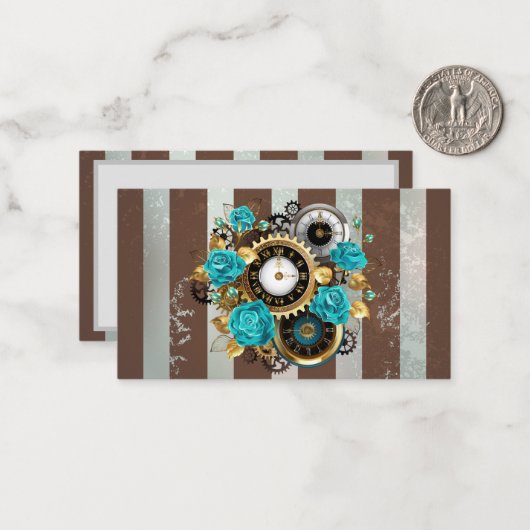 Steampunk時計とターコイズバラオンストライプの ノートカード (正面/裏面インサイチュ)