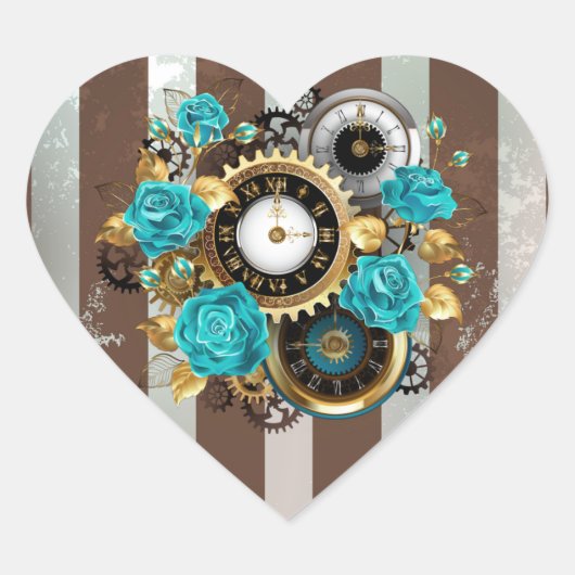 Steampunk時計とターコイズバラオンストライプの ハートシール (正面)