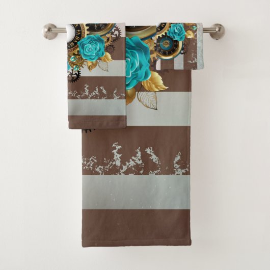Steampunk時計とターコイズバラオンストライプの バスタオルセット (インサイチュ)
