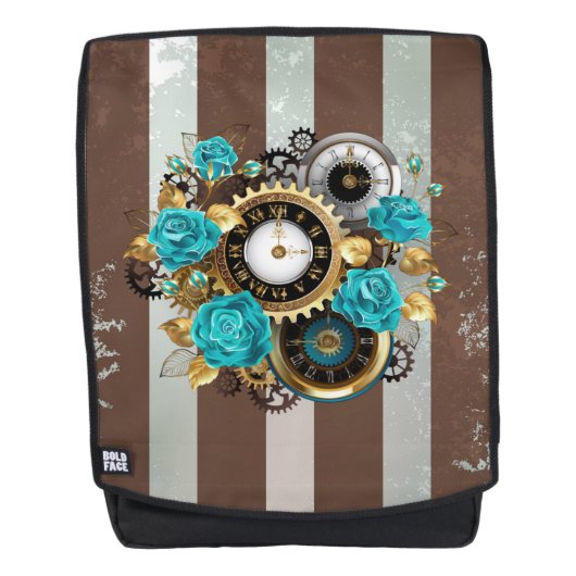 Steampunk時計とターコイズバラオンストライプの バックパック (正面)