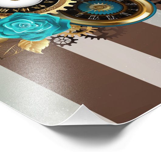 Steampunk時計とターコイズバラオンストライプの フォトプリント (角)