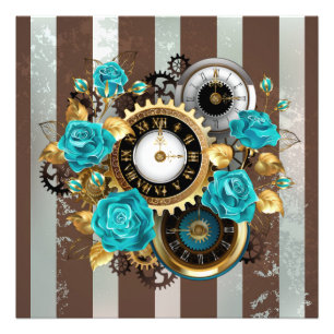 Steampunk時計とターコイズバラオンストライプの フォトプリント