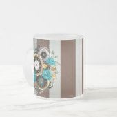 Steampunk時計とターコイズバラオンストライプの フロストグラスマグカップ (正面左)