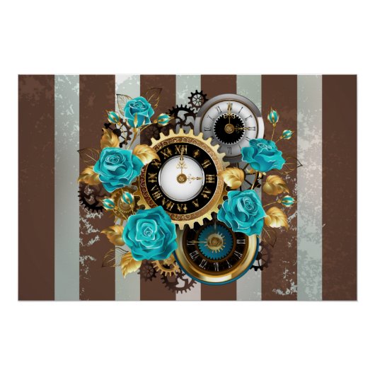 Steampunk時計とターコイズバラオンストライプの ポスター (正面)