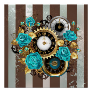 Steampunk時計とターコイズバラオンストライプの ポスター