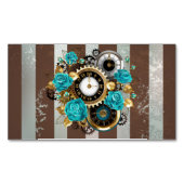 Steampunk時計とターコイズバラオンストライプの マグネット名刺 (正面)