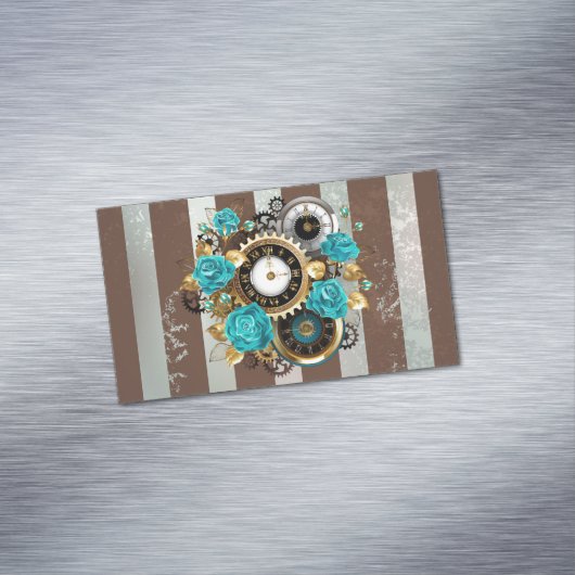 Steampunk時計とターコイズバラオンストライプの マグネット名刺 (インサイチュ)