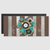 Steampunk時計とターコイズバラオンストライプの マグネット招待状 (正面/裏面)