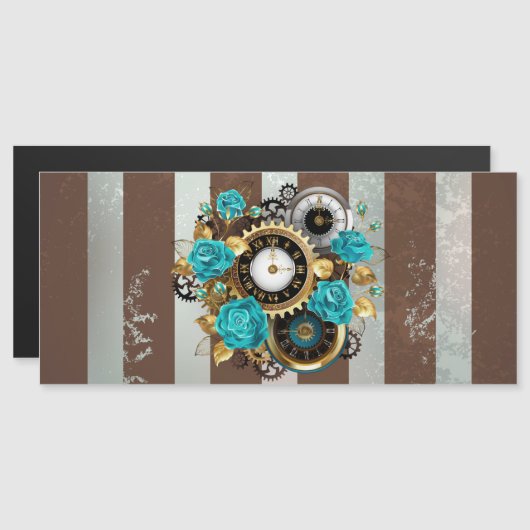Steampunk時計とターコイズバラオンストライプの マグネット招待状 (正面/裏面)