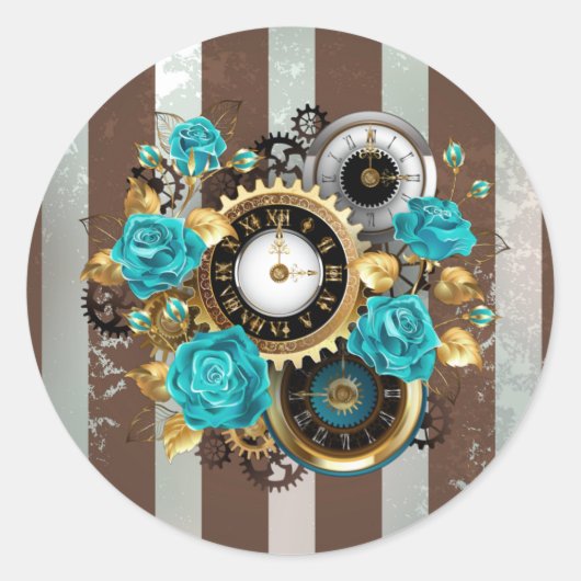Steampunk時計とターコイズバラオンストライプの ラウンドシール (正面)