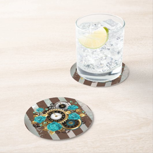 Steampunk時計とターコイズバラオンストライプの ラウンドペーパーコースター (インサイチュ)