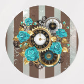 Steampunk時計とターコイズバラオンストライプの ラベル (デザイン2)
