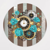 Steampunk時計とターコイズバラオンストライプの ラベル (デザイン1)