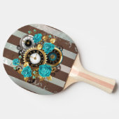 Steampunk時計とターコイズバラオンストライプの 卓球ラケット (横)