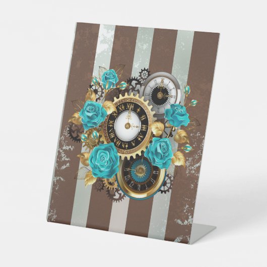 Steampunk時計とターコイズバラオンストライプの 台座サイン (正面)