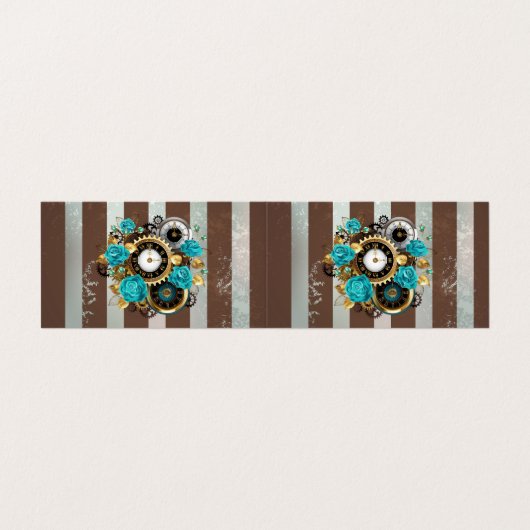 Steampunk時計とターコイズバラオンストライプの 名刺 (外部フラット)