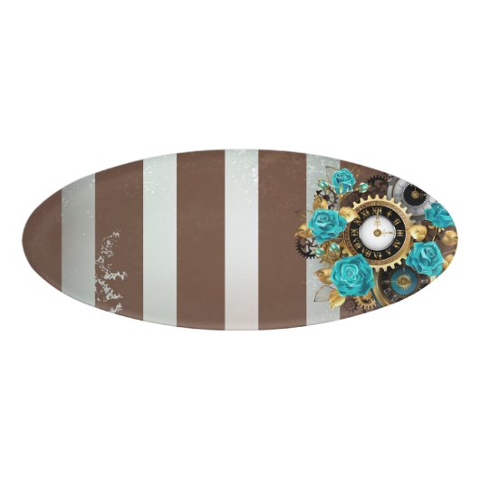 Steampunk時計とターコイズバラオンストライプの 名札 (正面)