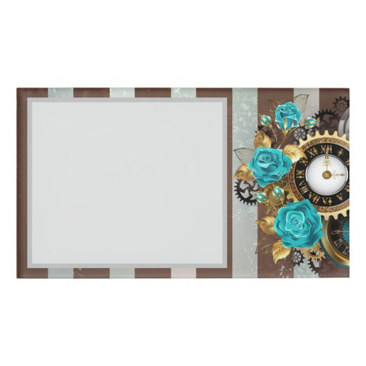 Steampunk時計とターコイズバラオンストライプの 名札 (正面)