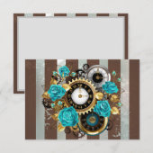 Steampunk時計とターコイズバラオンストライプの 案内状 (正面/裏面)