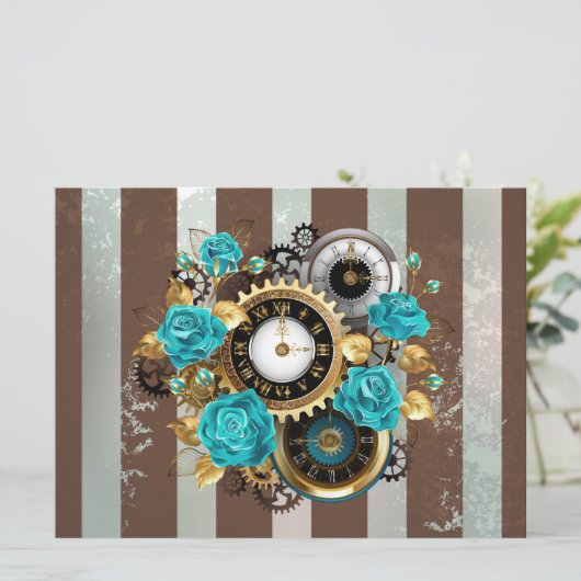 Steampunk時計とターコイズバラオンストライプの 案内状 (スタンド正面)