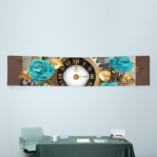 Steampunk時計とターコイズバラオンストライプの 横断幕 (トレードショー)