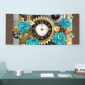 Steampunk時計とターコイズバラオンストライプの 横断幕 (トレードショー)