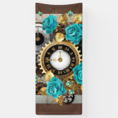 Steampunk時計とターコイズバラオンストライプの 横断幕 (縦)