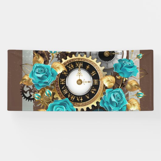 Steampunk時計とターコイズバラオンストライプの 横断幕 (横)