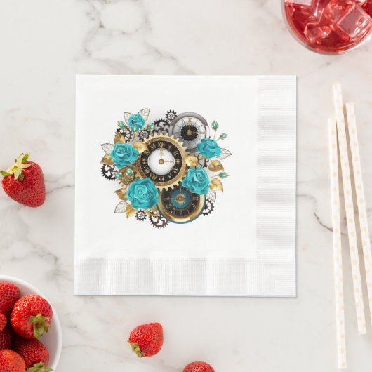 Steampunk時計とターコイズバラオンストライプの 縁ありランチョンナプキン (インサイチュ)