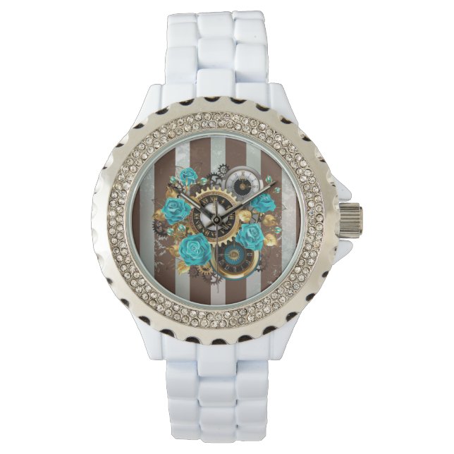 Steampunk時計とターコイズバラオンストライプの 腕時計 (正面)