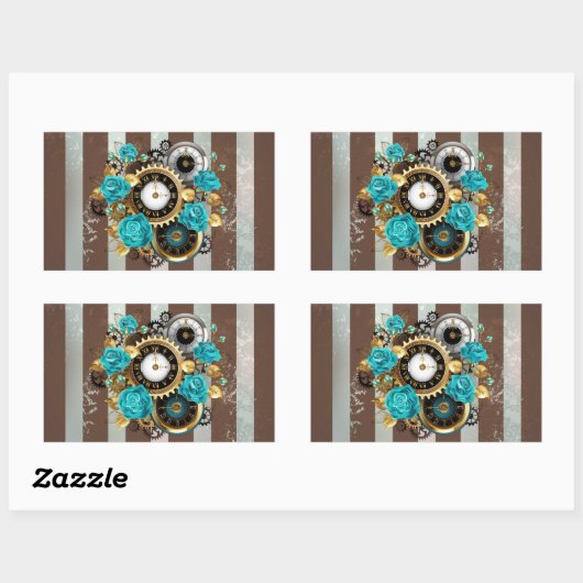 Steampunk時計とターコイズバラオンストライプの 長方形シール (シート)