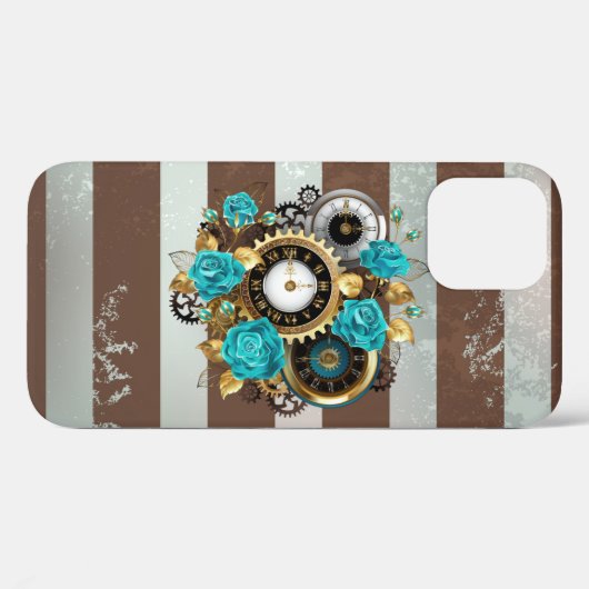 Steampunk時計とターコイズバラオンストライプの Case-Mate iPhoneケース (裏面 (横))