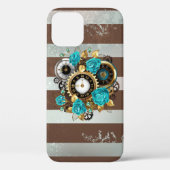 Steampunk時計とターコイズバラオンストライプの Case-Mate iPhoneケース (裏面)
