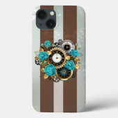 Steampunk時計とターコイズバラオンストライプの Case-Mate iPhoneケース (裏面)