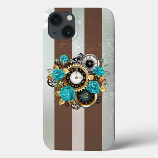 Steampunk時計とターコイズバラオンストライプの Case-Mate iPhoneケース (裏面)