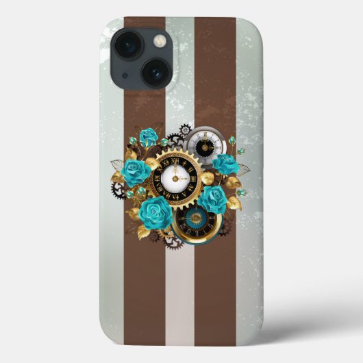 Steampunk時計とターコイズバラオンストライプの Case-Mate iPhoneケース (裏面)