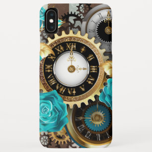 Steampunk時計とターコイズバラオンストライプの iPhone XS Maxケース