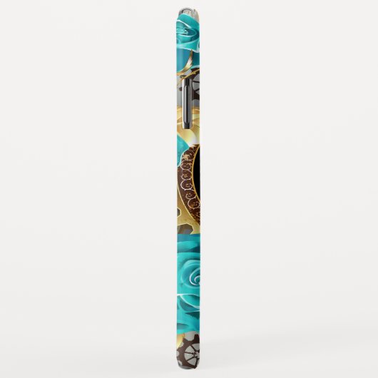 Steampunk時計とターコイズバラオンストライプの Case-Mate iPhoneケース (裏面/右)