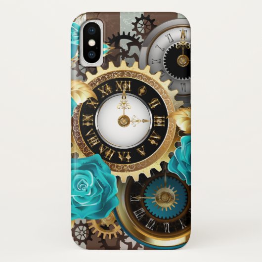 Steampunk時計とターコイズバラオンストライプの Case-Mate iPhoneケース (裏面)