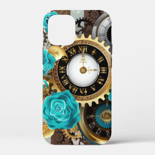 Steampunk時計とターコイズバラオンストライプの iPhone 12 Mini ケース