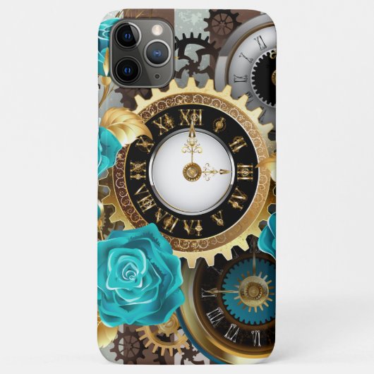 Steampunk時計とターコイズバラオンストライプの Case-Mate iPhoneケース (裏面)