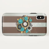 Steampunk時計とターコイズバラオンストライプの Case-Mate iPhoneケース (裏面(横))