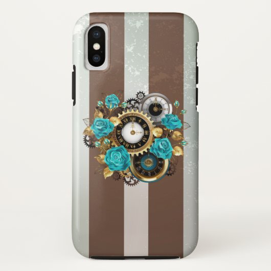 Steampunk時計とターコイズバラオンストライプの Case-Mate iPhoneケース (裏面)